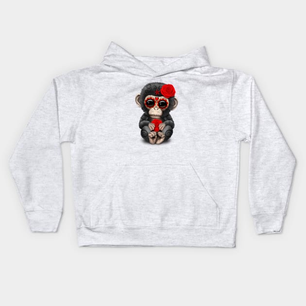 Red Day of the Dead Sugar Skull Baby Chimp Kids Hoodie by jeffbartels